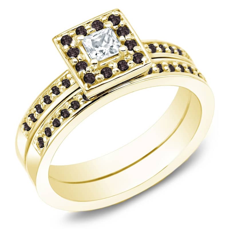 Auriya 14k Gold 1/2ctw Princess Cut Halo Black Diamond Engagement Ring Set - Yellow - 4