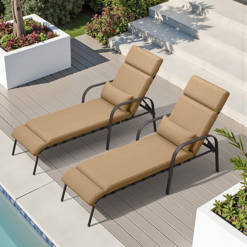 Outdoor Recliner Adjustable Chaise Lounge Chair with Cushion & Pillow - Tan - 2PC