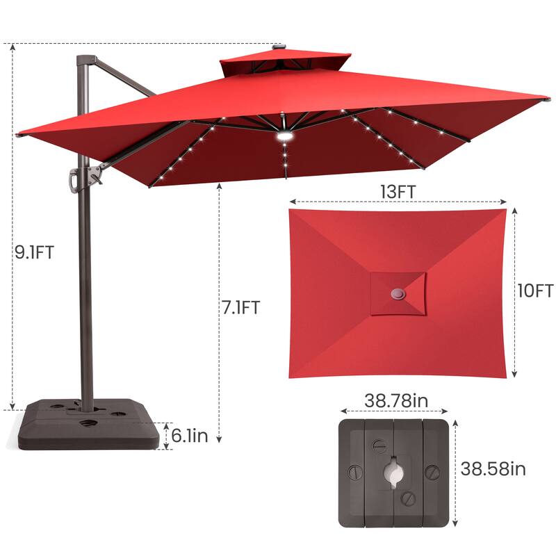 10 FT x 13 FT Outdoor LED Lighted Patio Cantilever Umbrella with Base