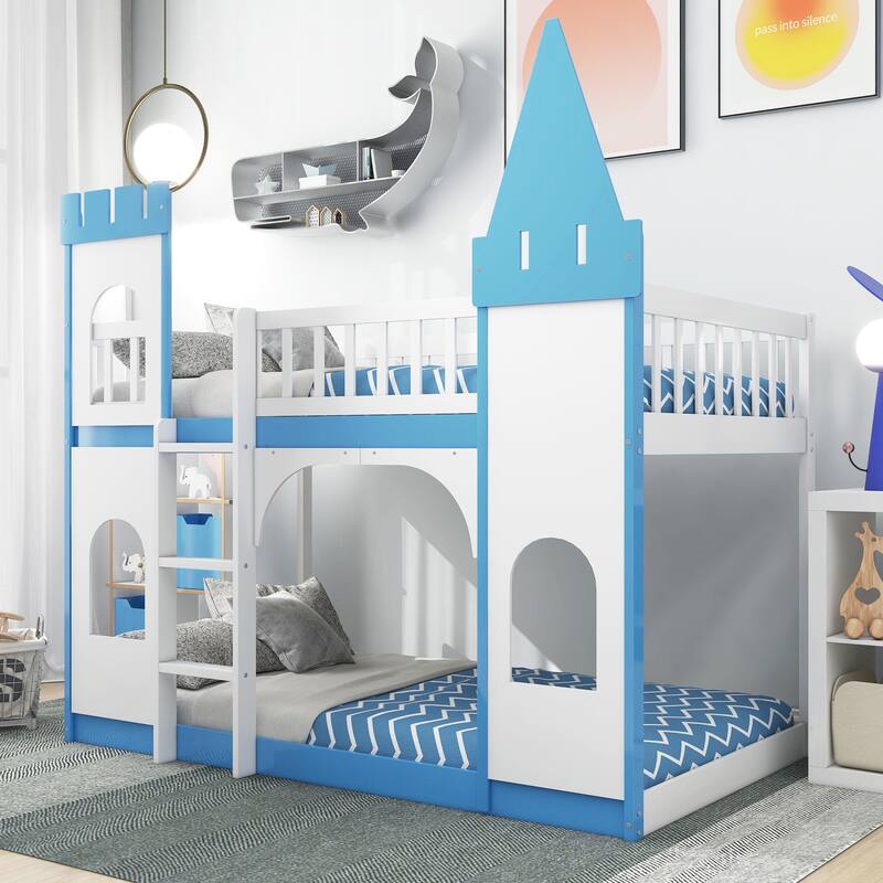 Castle Shaped Wood Bunk Bed with Door and Window, Twin Over Twin Size