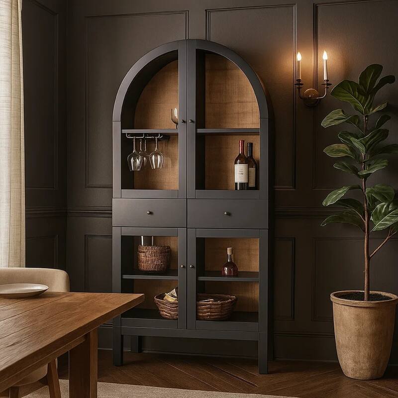 Ric Arched Wine Bar Cabinet, 2 Drawers w 4 Glass Door Shelves, Black