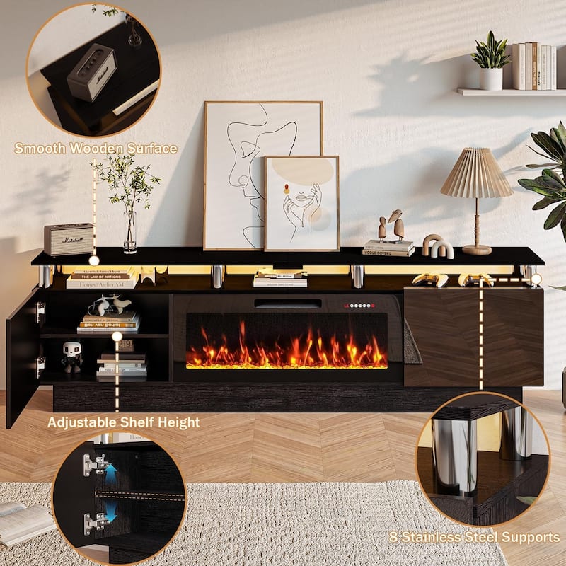 BOSSIN Modern 80" TV Stand with 36" Fireplace & LED Lights for TVs Up to 90", White with Golden Pillars, Storage Cabinets