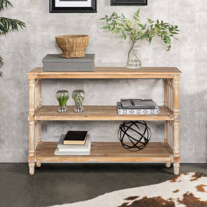 Rustic 3-Tier Console Table with Gothic Details - 47.24 Inch Long Wooden Entryway Table