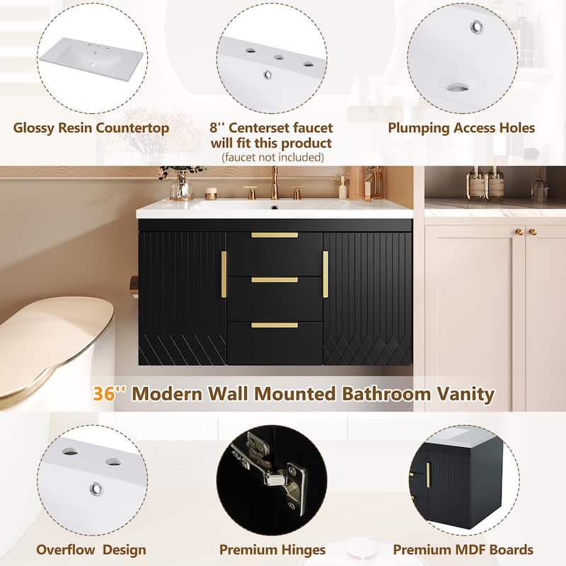 36'' Wall Mounted Bathroom Vanity with White Integrated Resin Sink - 36'' x 18'' x 20.3''