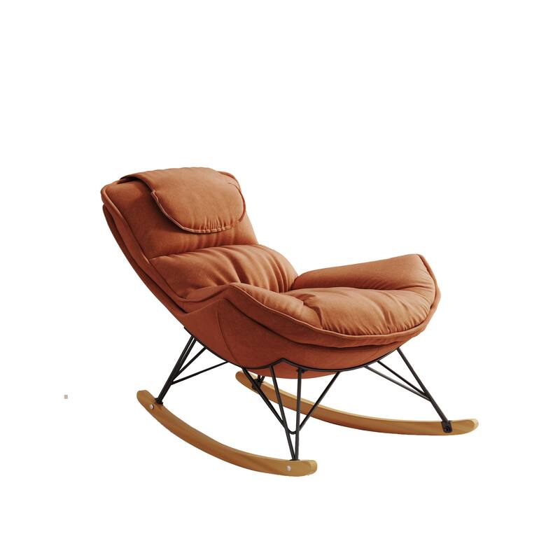 Brown Modern 43.3" Velvet High Back Rocking Chair with Detachable Seat Cushion and Natural Wood Frame