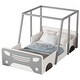 preview thumbnail 4 of 5, Grey Twin Size Pine Wood Car-shaped Bed with Roof, wheels, door Design, Montessori Inspired Bedroom