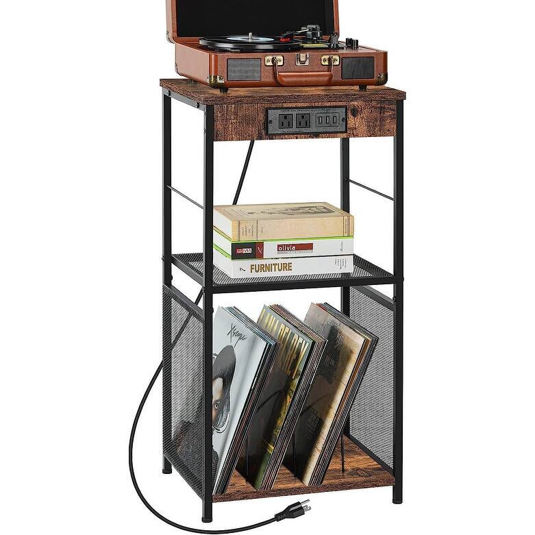 Vinyl Record Storage Table with Power Outlet - Brown