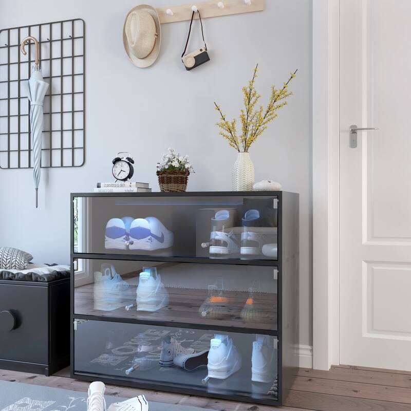 Roomfitters Shoe Storage Cabinet, Modern Glass Door Shoe Box with RGB Light Display for Entryway or Closet