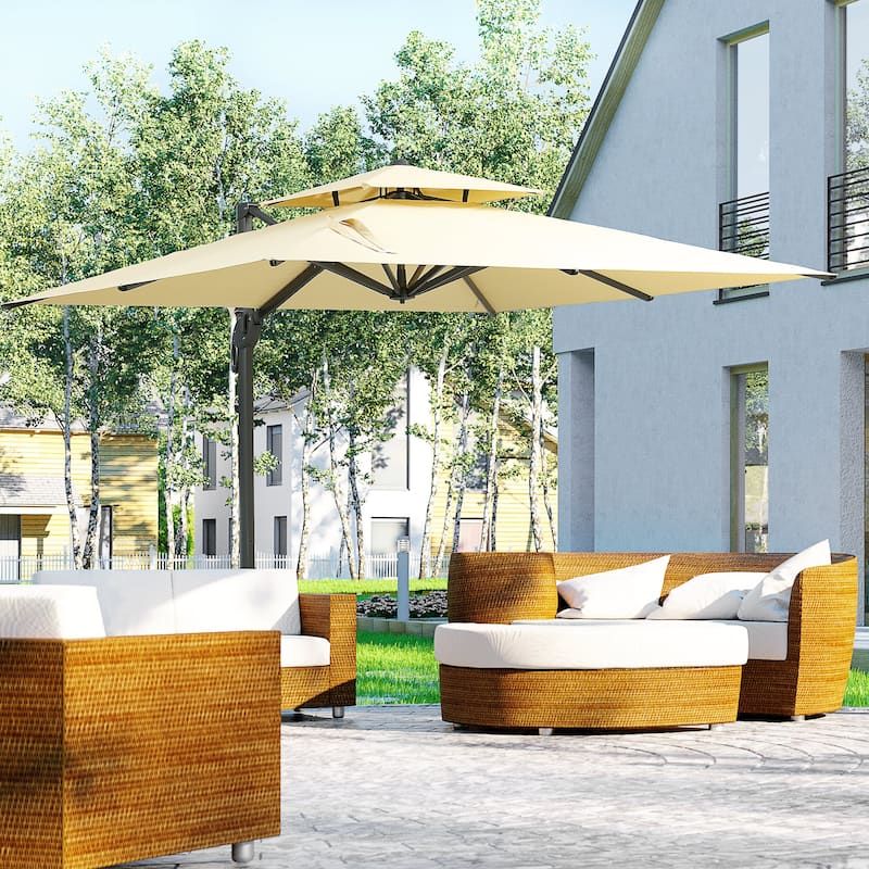 10ft Square Cantilever Patio Umbrella with Aluminum Base, 360° Rotation & Tilt, Beige