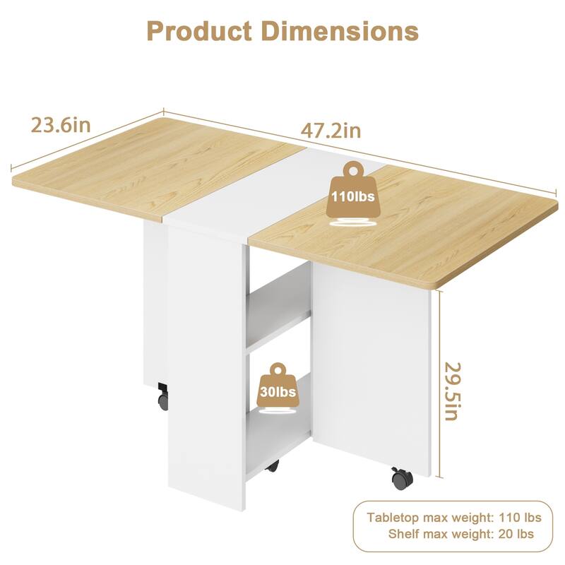 Folding Dining Table with Drop Leaf and Storage Rack for Small Spaces