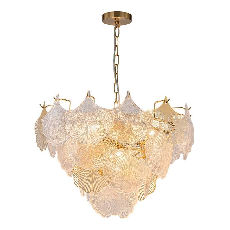 Ginkgo 8-Light Ribbed Textured Glass Round Leaf Chandelier - 23.6in