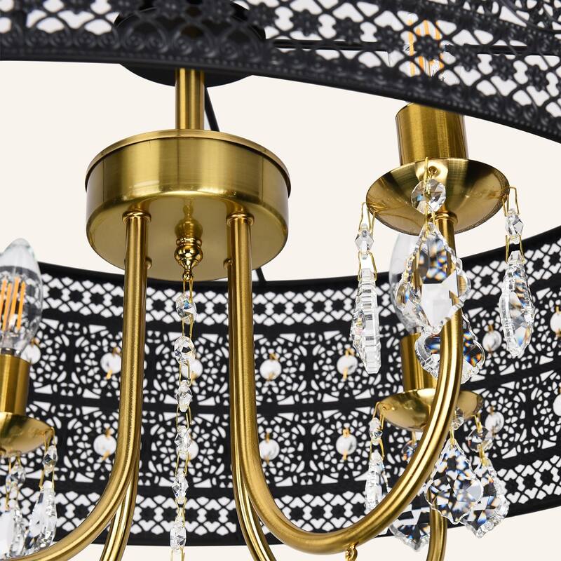 4-Light Elegant Black Lace - Trimmed Crystal Chandelier with Gold - Tone Hardware for Home Decoration - Matte Black