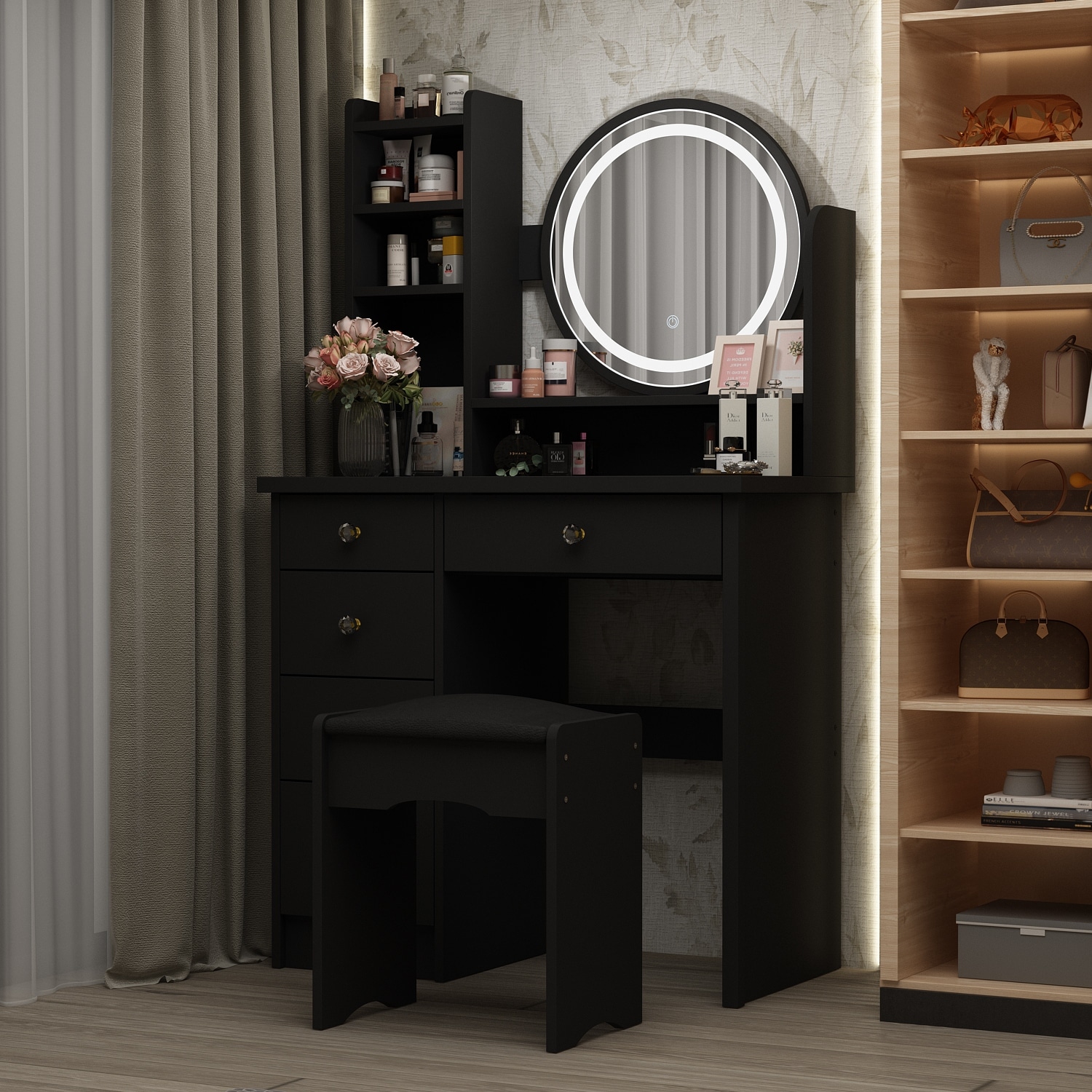 31.5'' W Makeup Vanity Set with Stool and Mirror LED Light Dressr