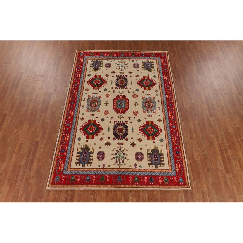Geometric Beige / Ivory Kazak Area Rug Handmade Wool Carpet - 6'7" x 9'7"