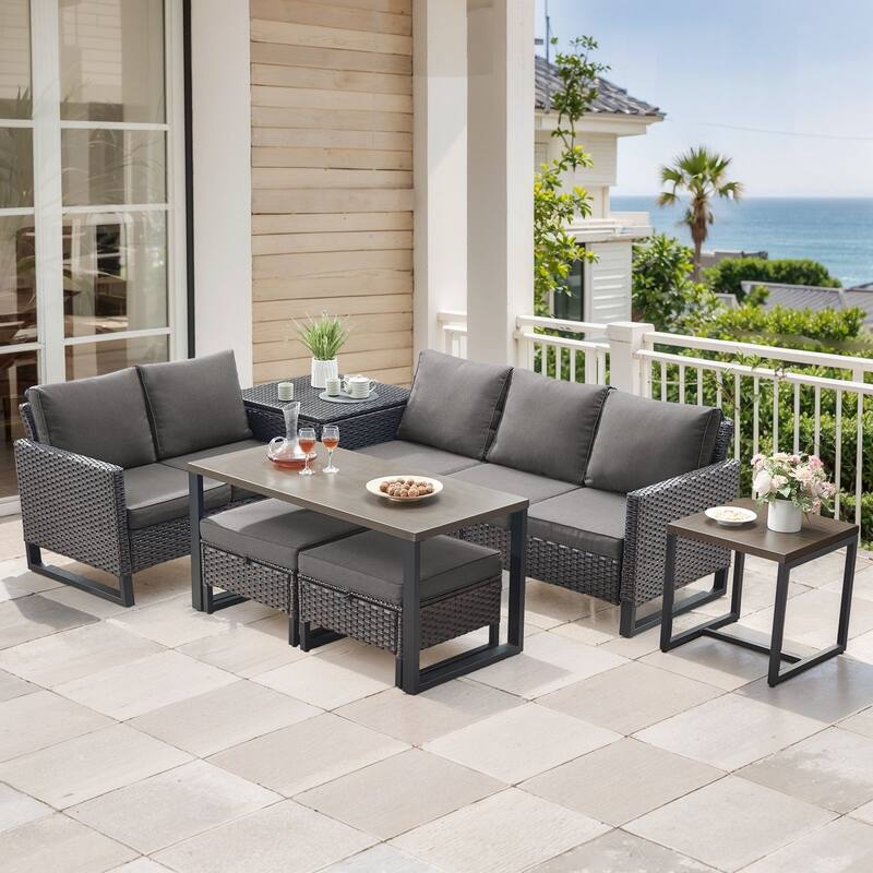 Gymojoy 5 Person All-Weather Wicker Outdoor Conversation Set Seating Group With Side Table And Ottomans