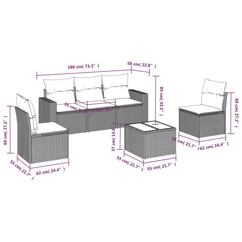 vidaXL 5/6 Piece Patio Sofa Set with Cushions Black Poly Rattan - 21.7" x 24.4" x 27.2"