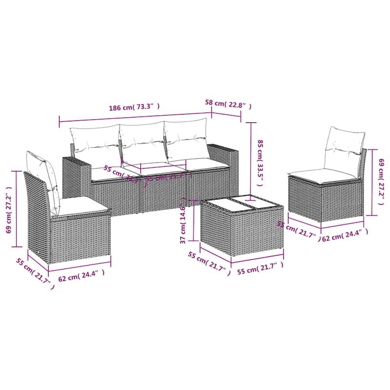 vidaXL Garden Sofa Set Brown and Cream PE Rattan Large Adjustable Feet - 21.7 x 21.7 x 14.6