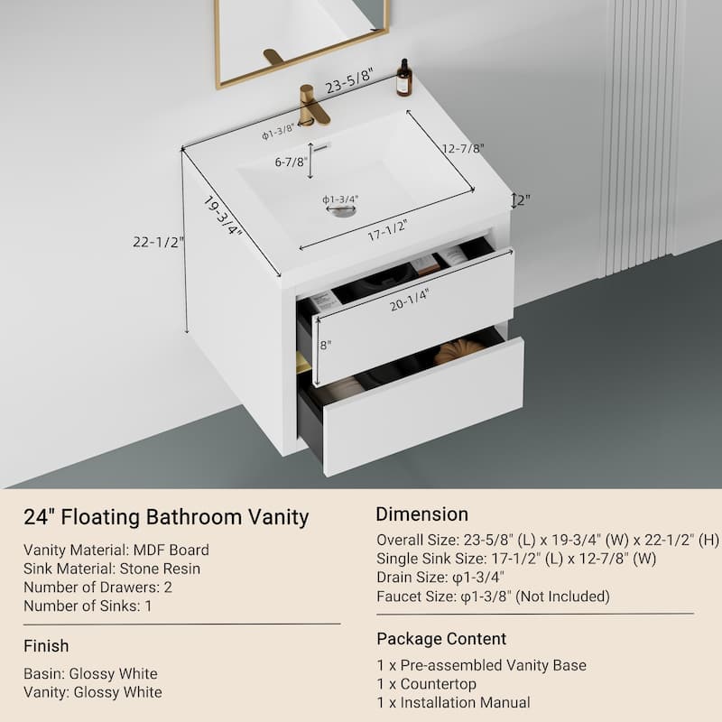 24" Wall-Mounted Bathroom Vanity with Sink