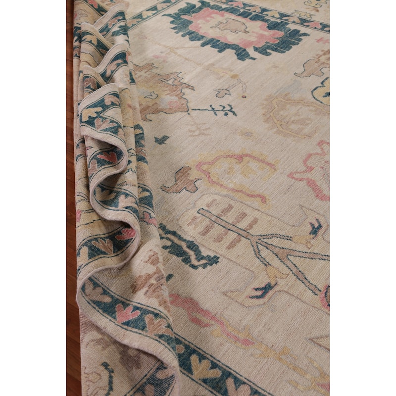 Hand Knotted Oriental 100% Wool Carpet Transitional All-Over Beige & Ivories Oushak Area Rug - 13' 9'' X 9' 11''