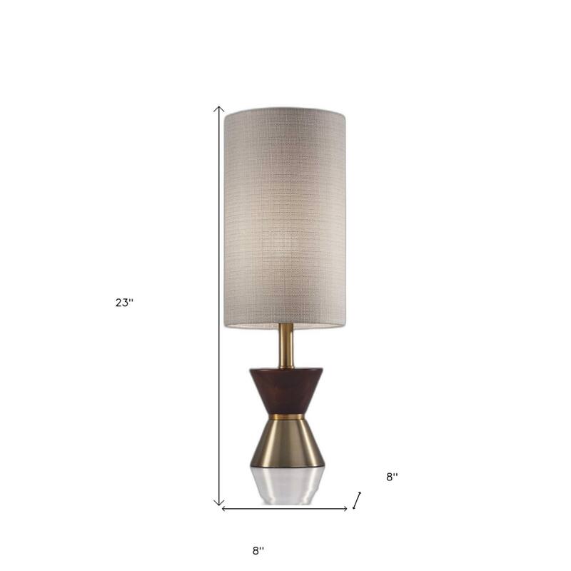 Dark Brown Walnut Wood Brass Base Mid Century Table Lamp with Beige Drum Shade - 8” x 8” x 23” (D x W x H)