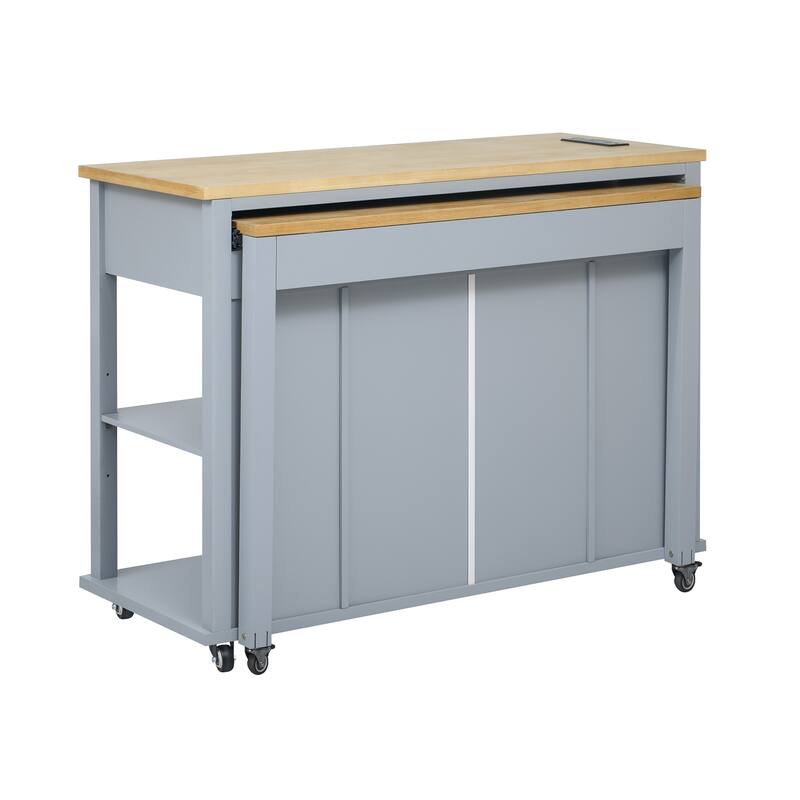 Rubber Wood Veneer Kitchen Island with Extendable Dining Table, Power Outlet