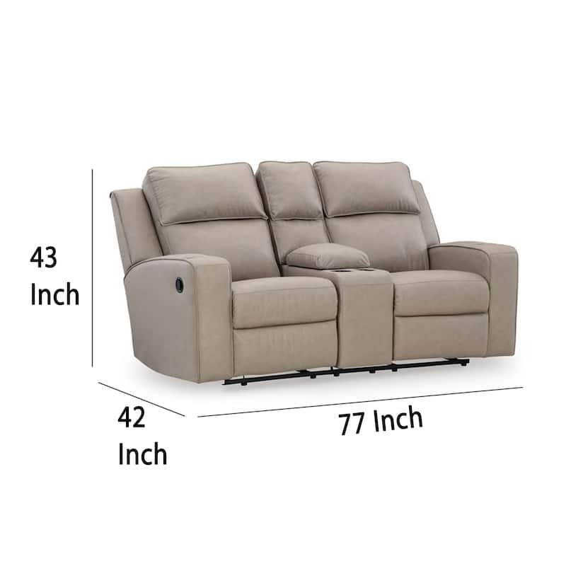 Livie Manual Recliner Loveseat, Console, Beige Gray Faux Leather 77in