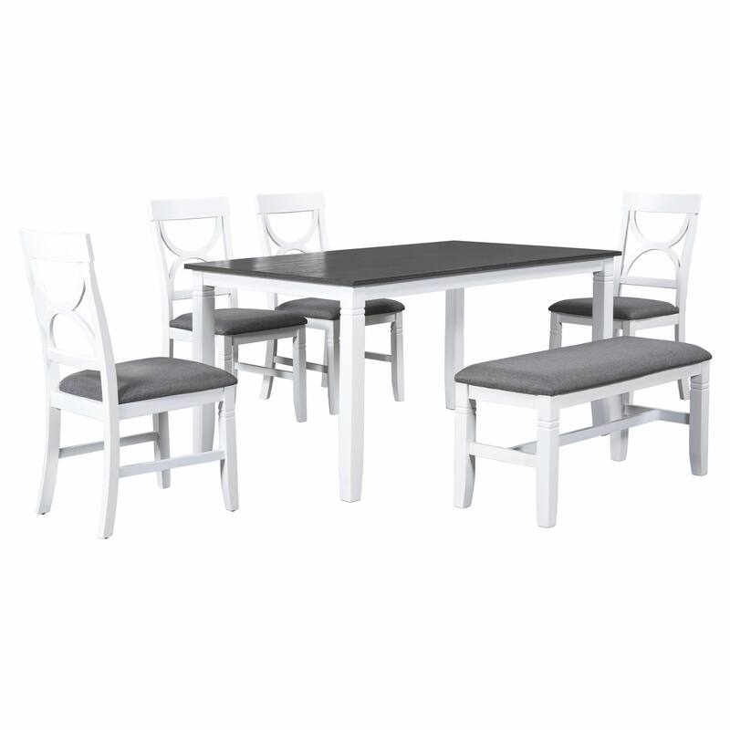 6-Piece Wood Dining Table Set, Kitchen Table Set with Upholstered Bench and 4 Dining Chairs