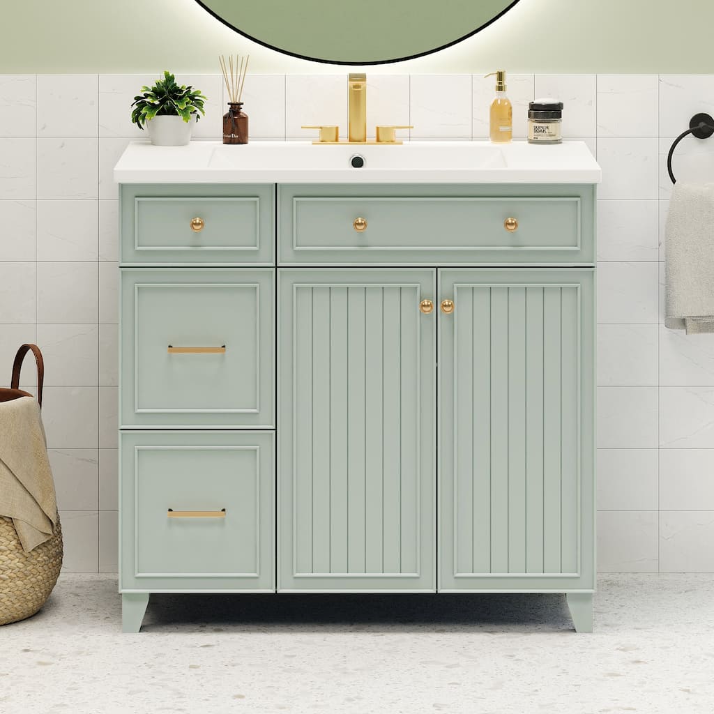 36 inch Solid Wood Bathroom Vanity with Ceramic Sink and 2 Drawers - 36''