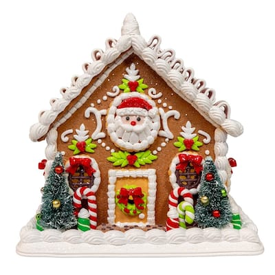 Kurt Adler 9 Inch Battery Operated Gingerbread House With Santa and Ribbon Candy Roof