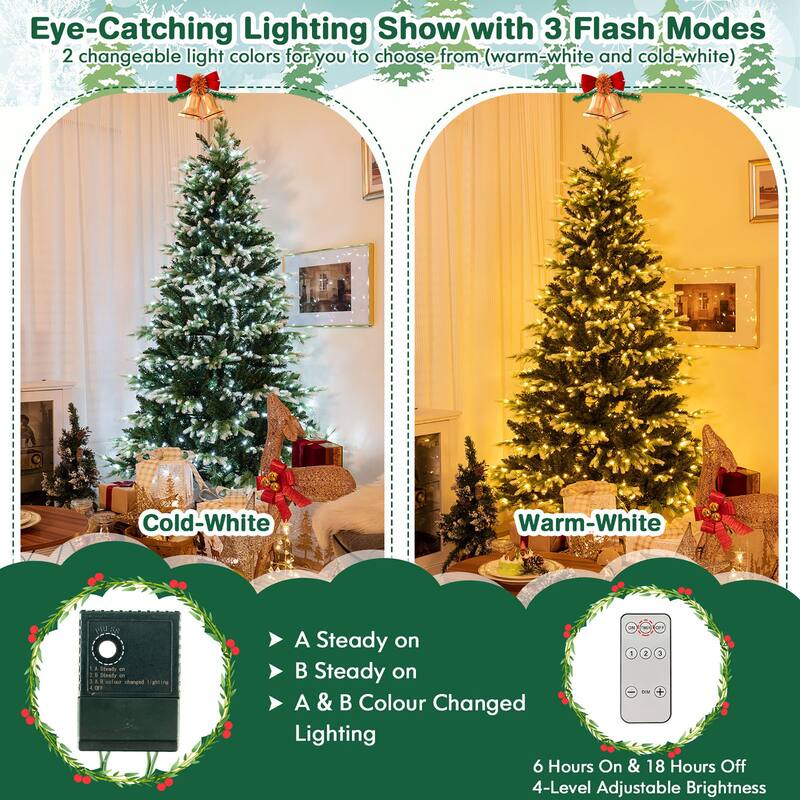 Gymax 7 FT Per-Lit Artificial Christmas Tree Hinged Xmas Tree w/ Quick