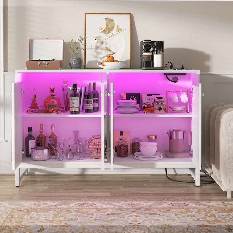 4 Doors Accent Cabinet with Power Outlet, Buffet Cabinet Storage Bar Cabinet with LED Light