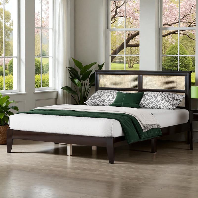 Queen Size Solid Rubber Wood Bed with Rattan Headboard, Durable Frame with Central Support Feet and Under-Bed Storage