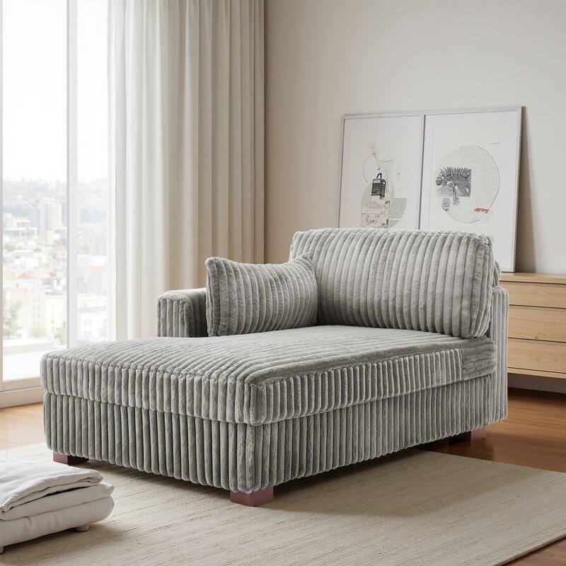 42" W Plush Corduroy Upholstered Chaise Lounge Sleeper for Living - Chaise-Left Facing - Light Grey
