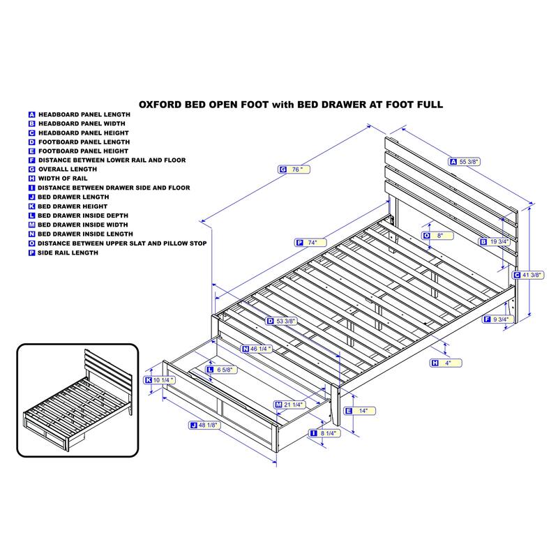 Full Bed with Foot Drawer & USB Charger - Modern Design, Grey Finish, Slat Kit Included - No Box Spring Needed