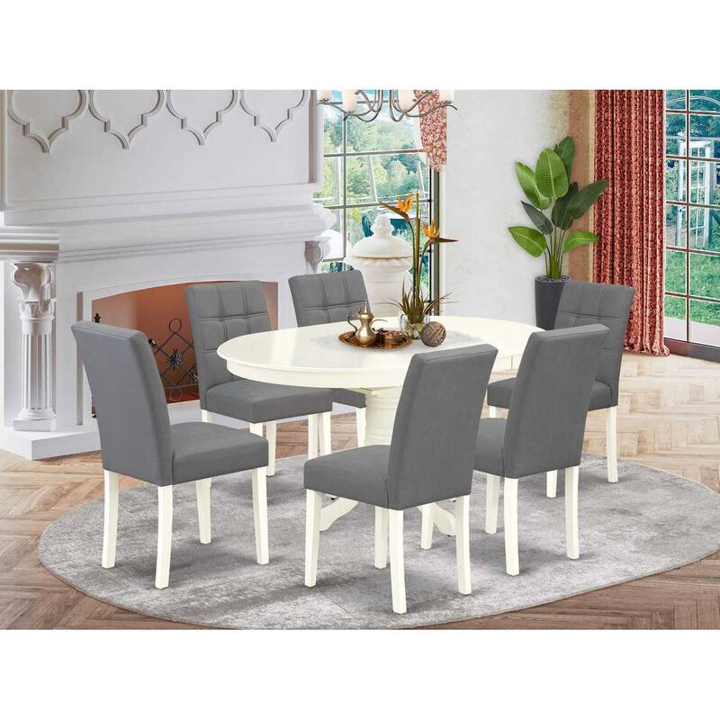 7 Piece Dining Set - Oval Table with 6 Linen White Chairs - Kitchen Dining Room Set