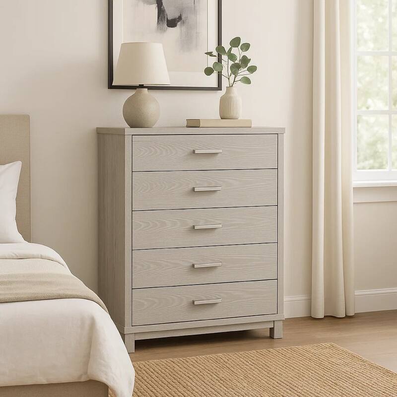 Loji 5 Drawer Tall Dresser Chest, Weathered Gray Solid Wood Storage