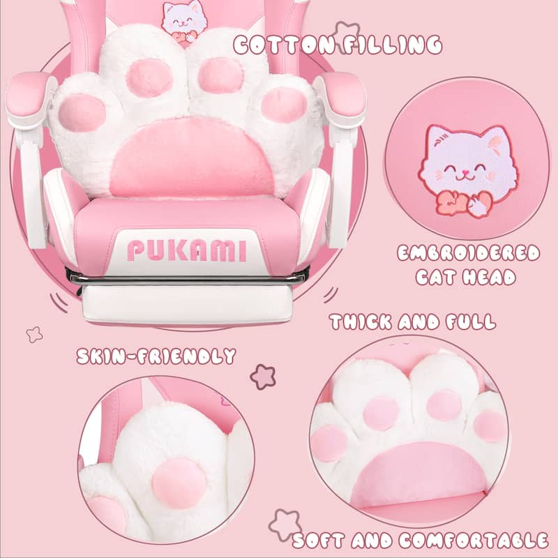 BOSSIN Gaming Chair with Cat Ears and Cat Paw Cushion Pillow,Cute Kawaii Reclining Computer Chair for Girl with Footrest
