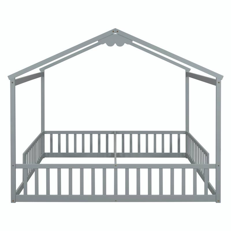 Double Twin House-Style Floor Bed with Fence and Guardrails, No Door