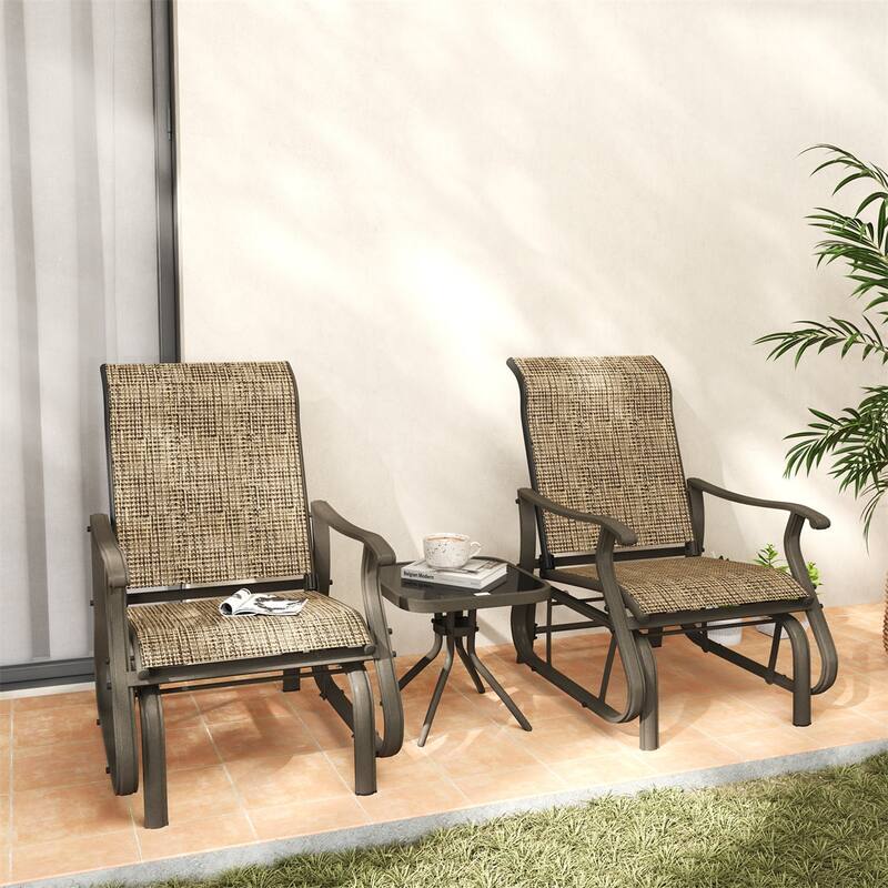 Three Piece Outdoor Gliding Patio Set with Two Chairs and Square Tea Table Powder Coated Steel and Mesh Fabric