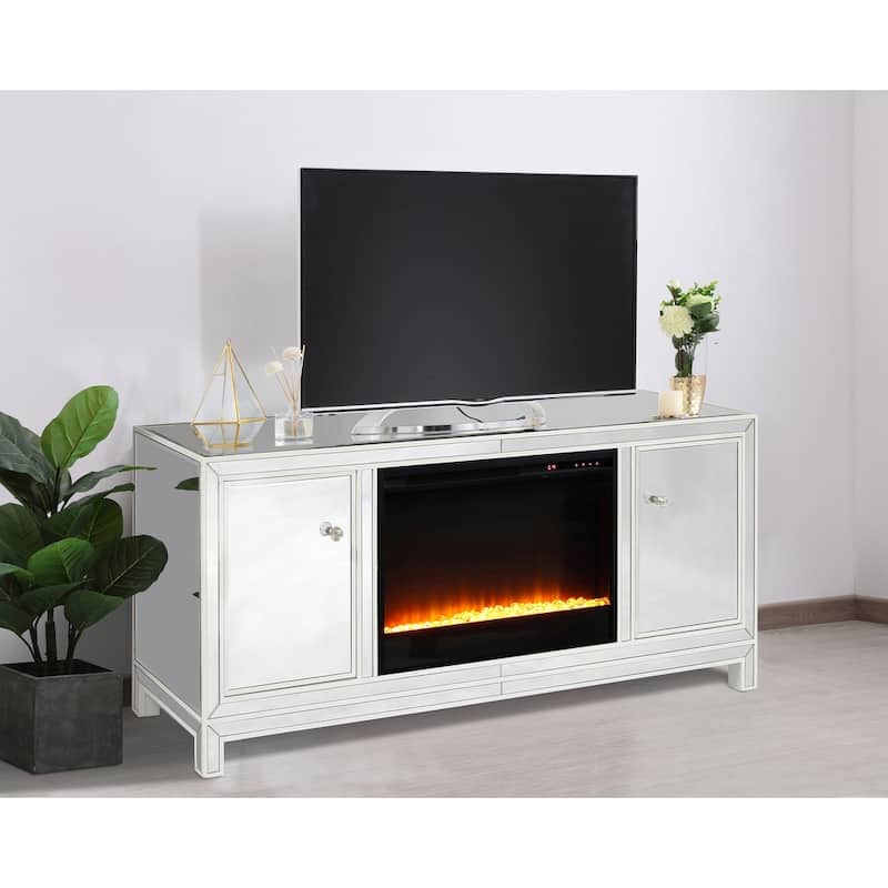 Indigo Home 60" White Mirrored TV Stand with Crystal Fireplace