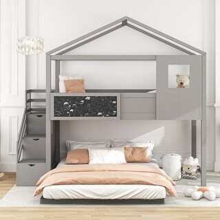 Twin over Full House Bunk Bed with Storage Staircase and Blackboard ...