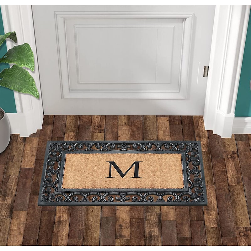 A1HC Rubber and Coir Paisley Border Monogrammed Outdoor Doormat Black, 18"X30"