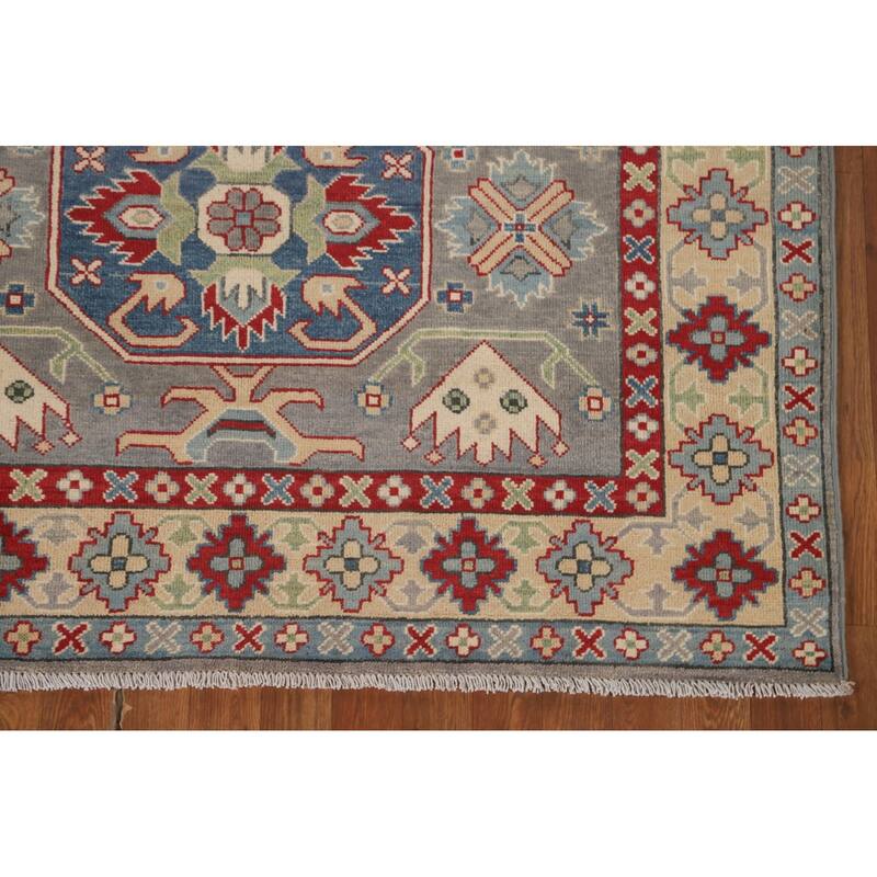 Gray Geometric Kazak Area Rug Handmade Oriental Wool Carpet - 4'11" x 7'0"