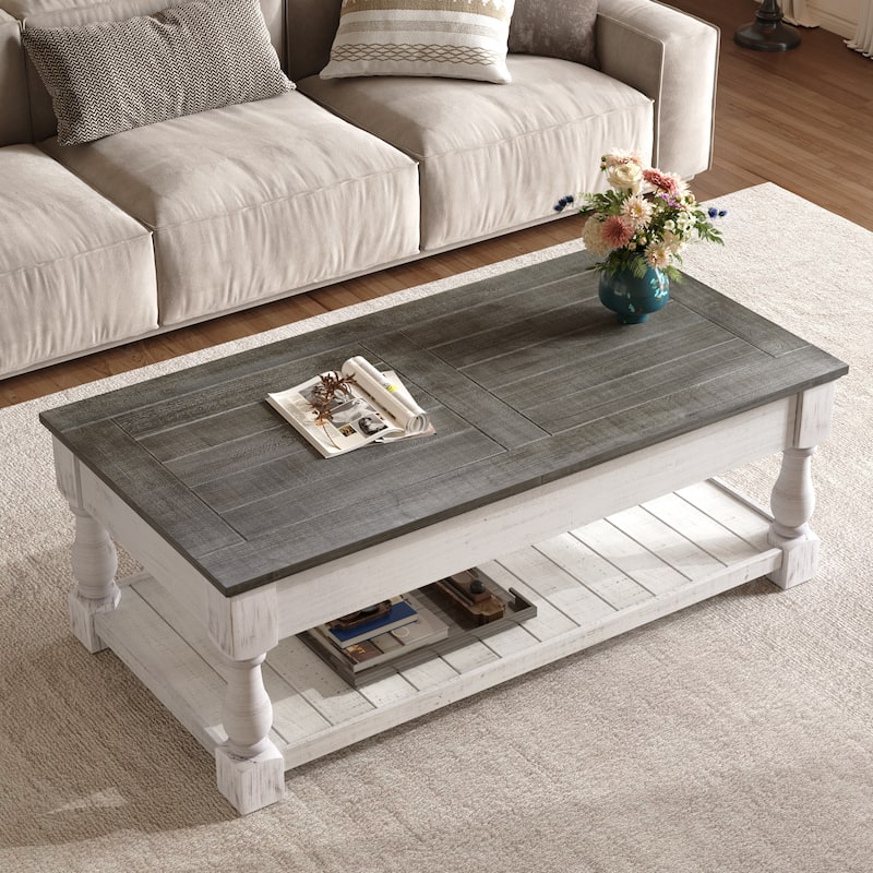 Farmhouse Lift Top Coffee Table with Fixed Shelf - 3 Hidden Storage Trays, Handcrafted Solid Wood Splice Tabletop