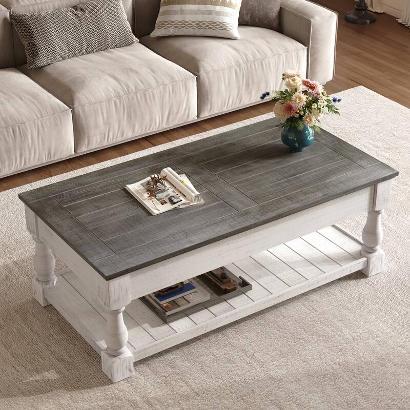 Retro Lift-Top Coffee Table with Hidden Compartment & Lower Storage Shelf for Living Room