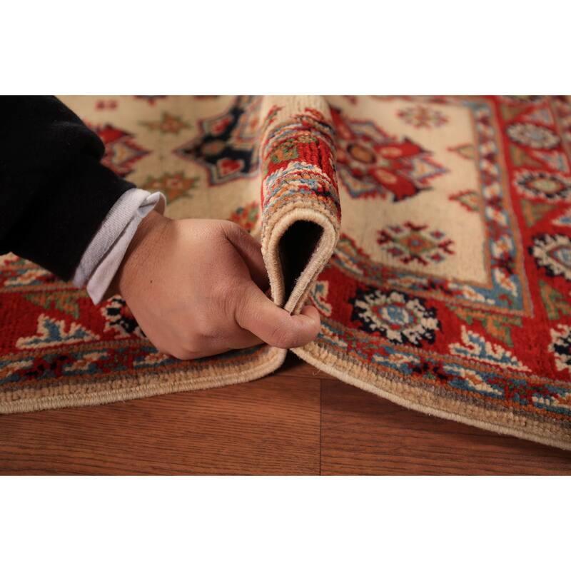 Geometric Kazak Oriental Foyer Rug Hand-Knotted Beige Wool Carpet - 2'0" x 3'0"
