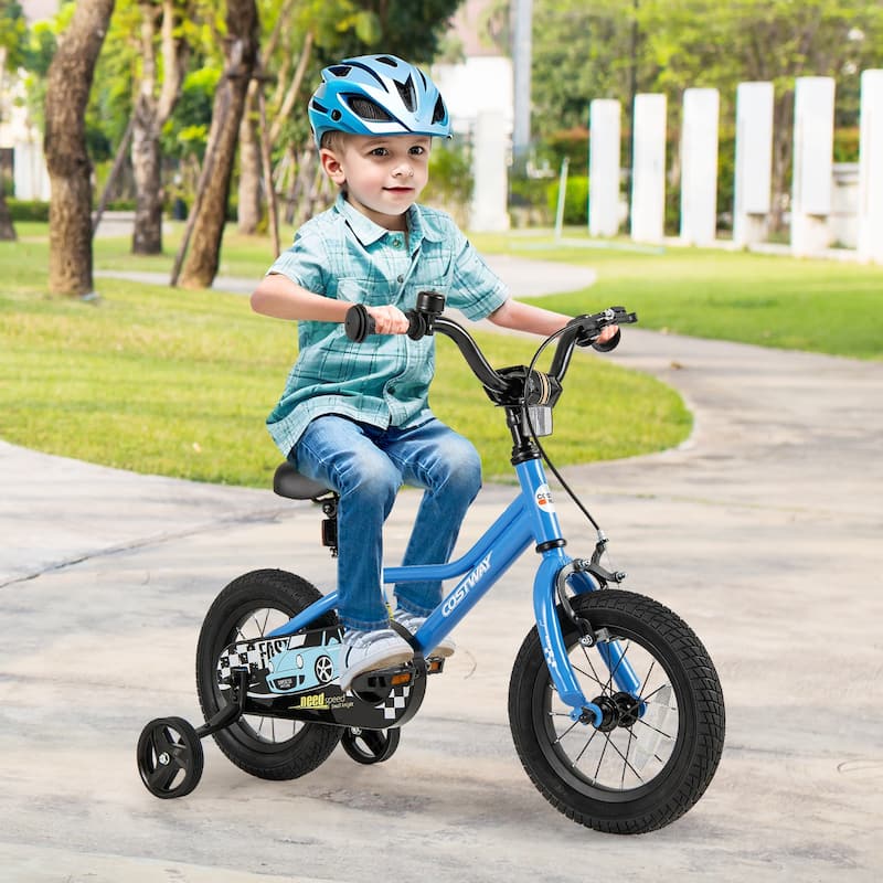 Blue Children's Bike with Dual Brake System Enclosed Chain Guard and Training Wheels