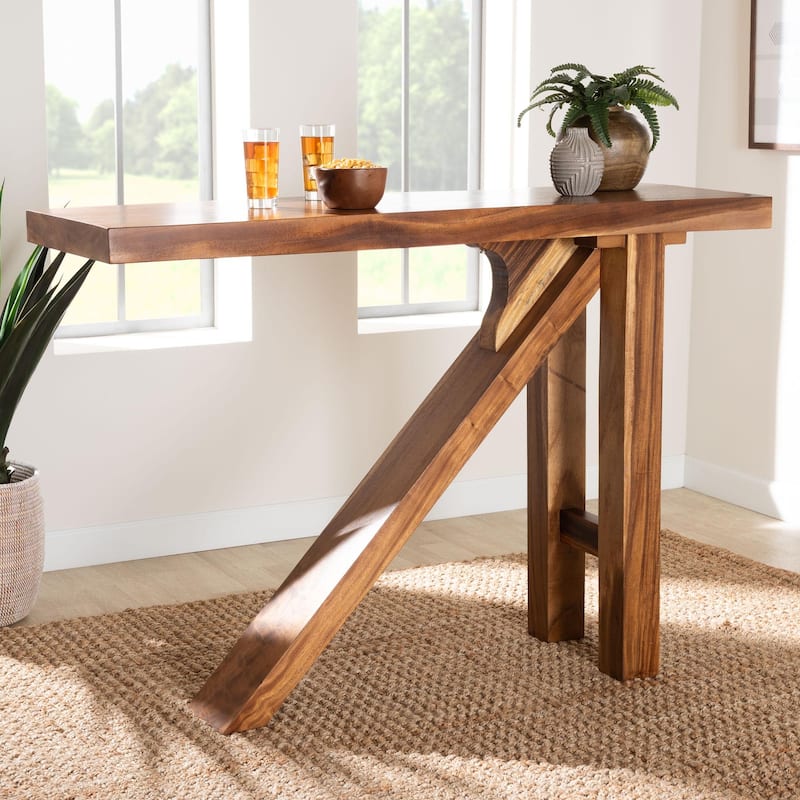 Luli Suar Wood Bar Table - Handcrafted Solid Wood Console with Angled Base, Modern Rustic Table for Bar, Kitchen, or Lounge