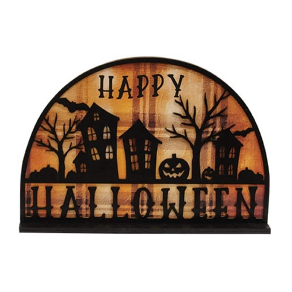 Happy Halloween Spooky Village Wood Sign with Plaid Background Freestanding Fall Decor - 8.5" H x 12" W x 1.75" D