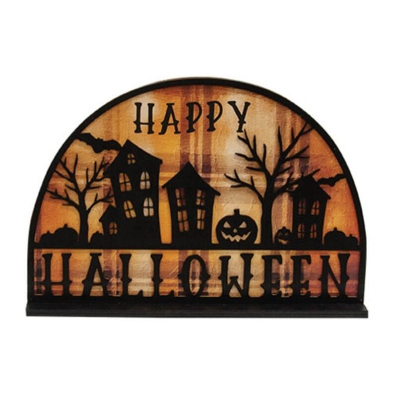 Happy Halloween Spooky Village Wood Sign with Plaid Background Freestanding Fall Decor - 8.5" H x 12" W x 1.75" D